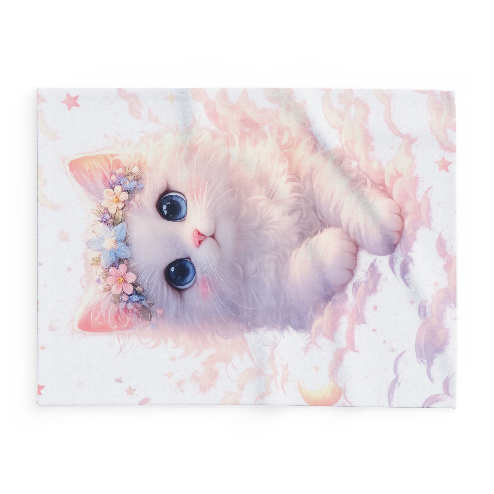 Pastel Kawaii Kitten in Clouds Blanket | Fleece Throw, Cottagecore Cozy