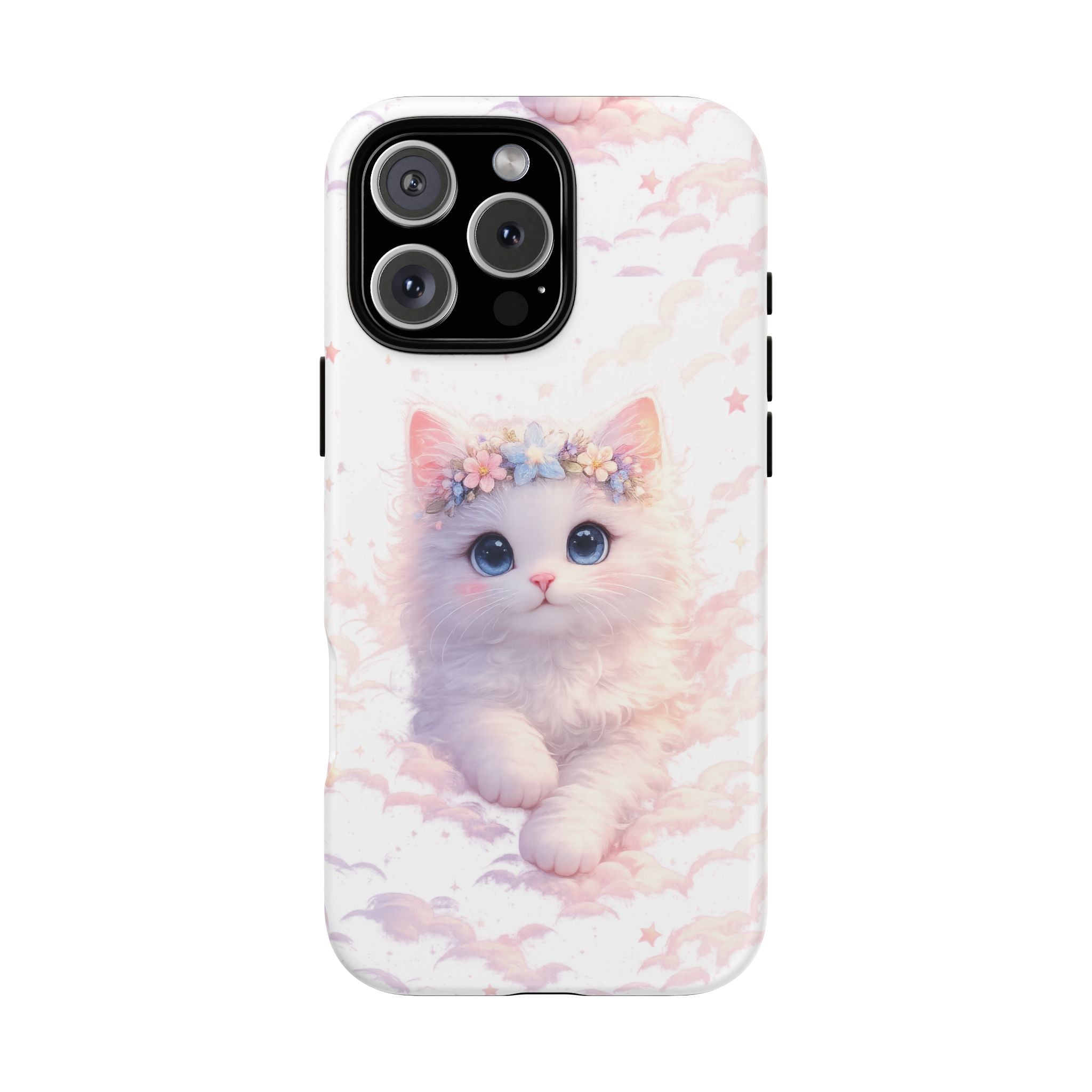 Cute Crowned Kitten Phone Case — Pastel Cloud & Star Protective Case