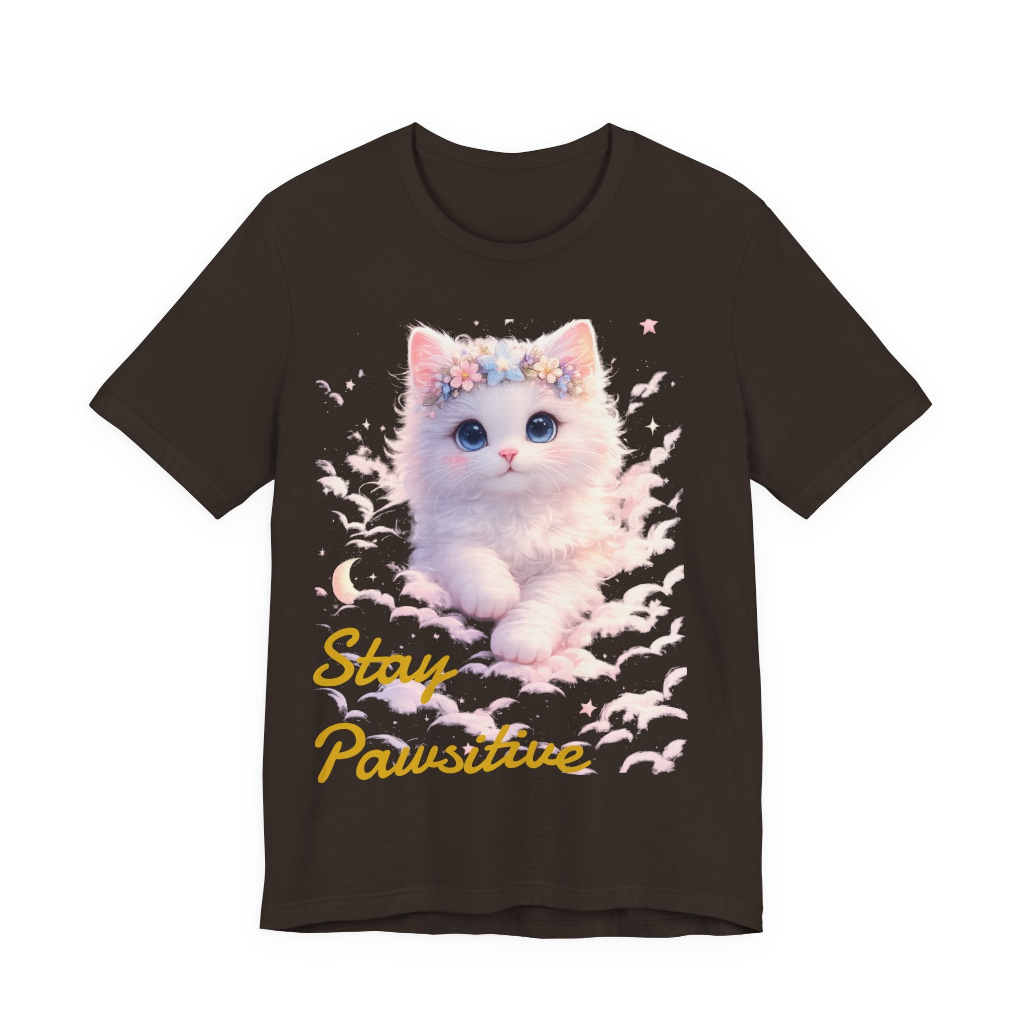 Stay Pawsitive Kitten Tee | Floral Crown Cat, Pastel Cloud Illustration