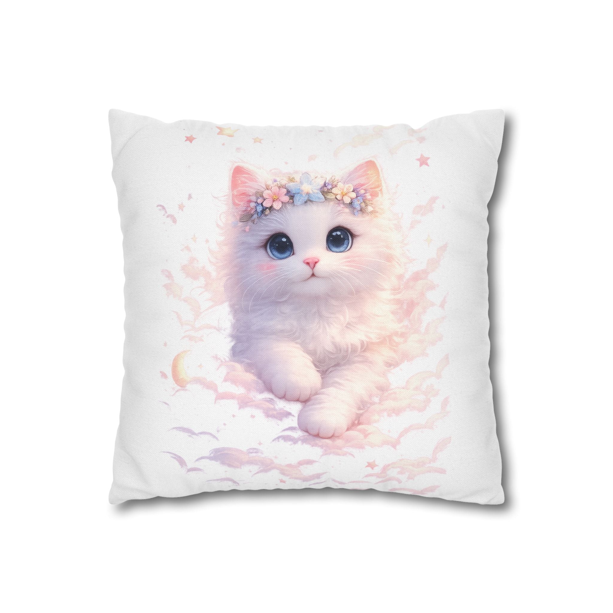 Fluffy Kitten with Flower Crown Square Pillowcase | Pastel Nursery Decor