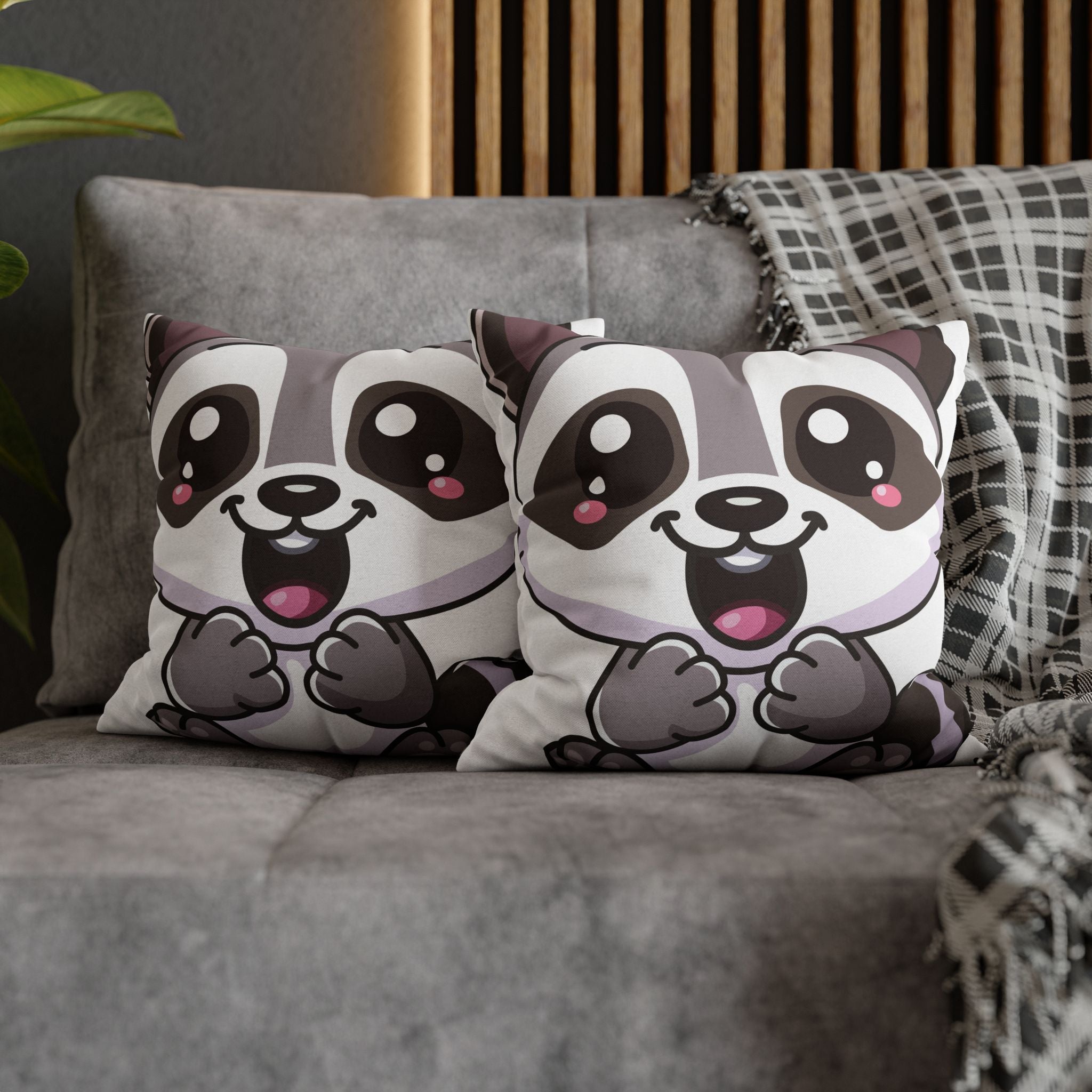 Kawaii Blushing Raccoon Square Pillowcase, Spun Polyester Decorative Pillow Cover