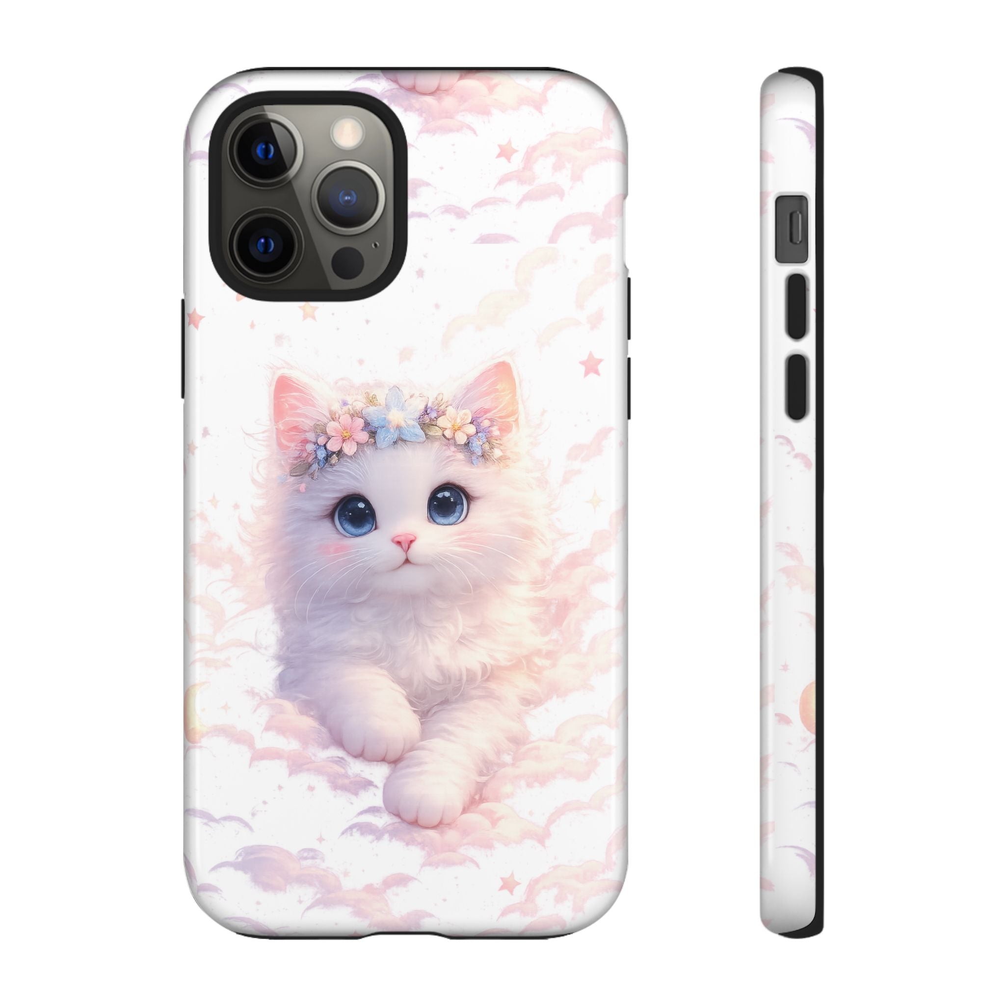 Cute Crowned Kitten Phone Case — Pastel Cloud & Star Protective Case