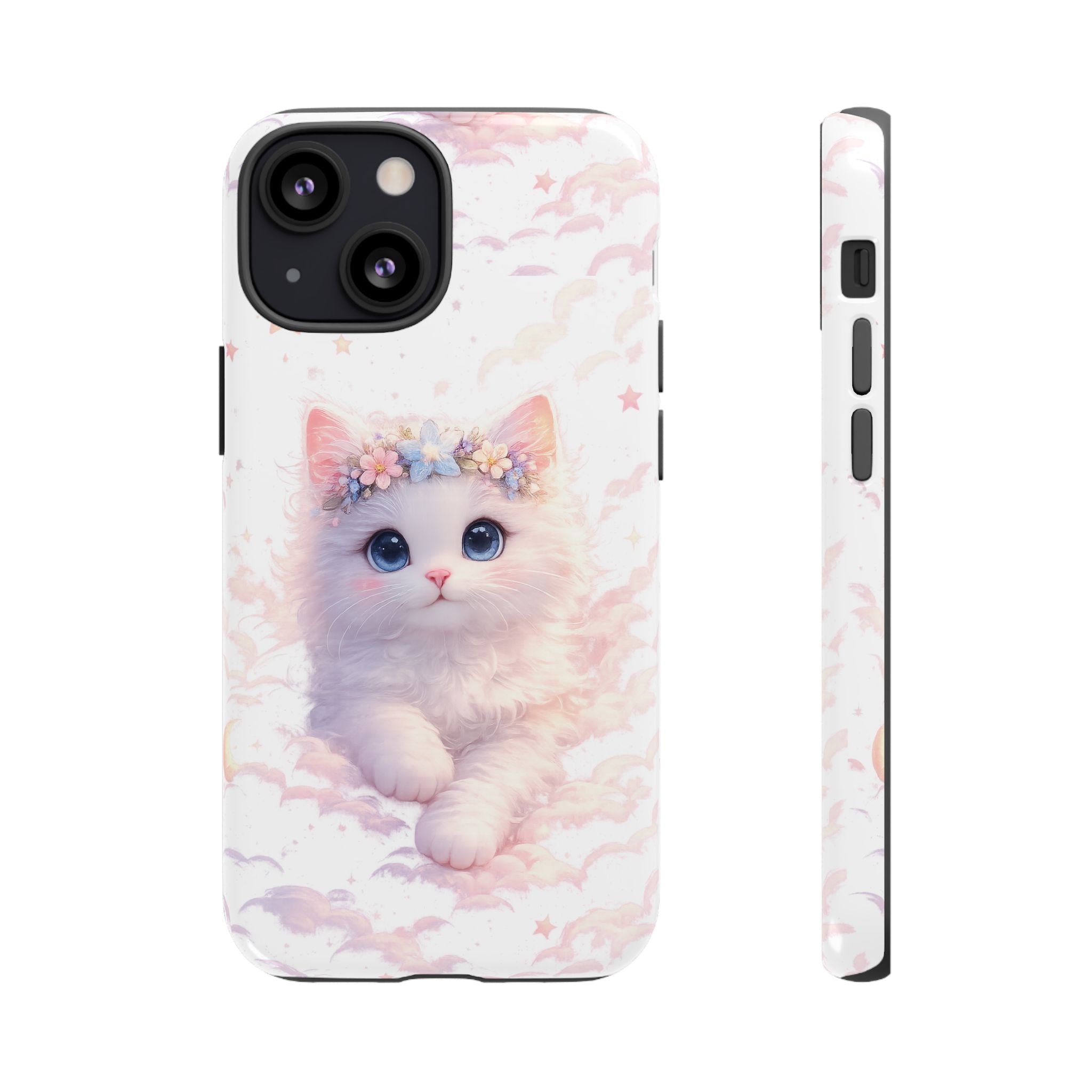 Cute Crowned Kitten Phone Case — Pastel Cloud & Star Protective Case