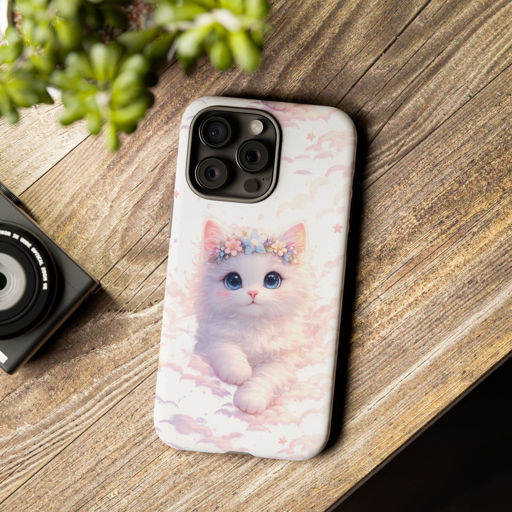 Cute Crowned Kitten Phone Case — Pastel Cloud & Star Protective Case