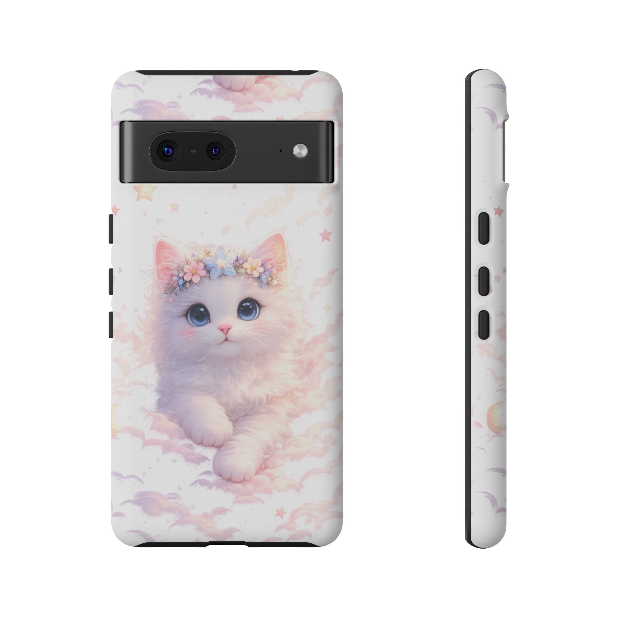 Cute Crowned Kitten Phone Case — Pastel Cloud & Star Protective Case