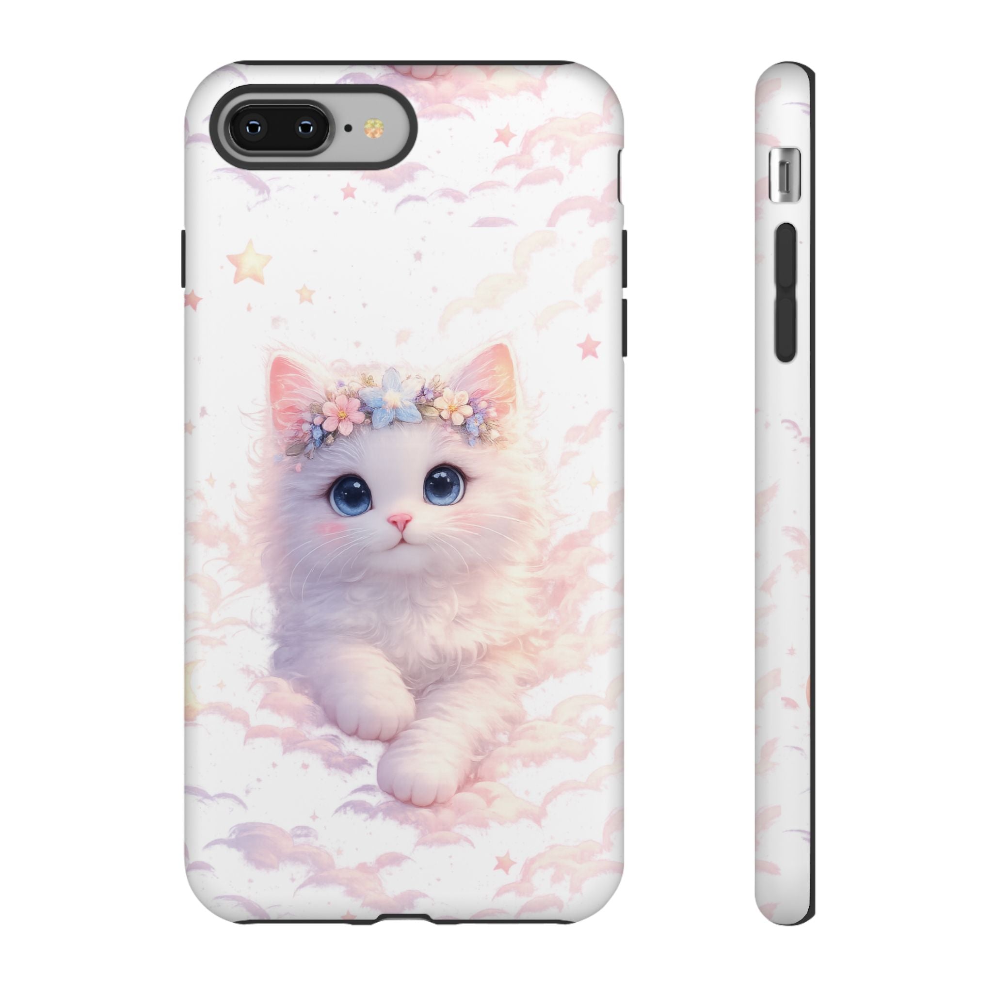 Cute Crowned Kitten Phone Case — Pastel Cloud & Star Protective Case
