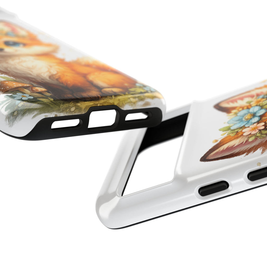 Woodland Fox Cub Phone Case — Protective Tough Case with Floral & Mushroom Art