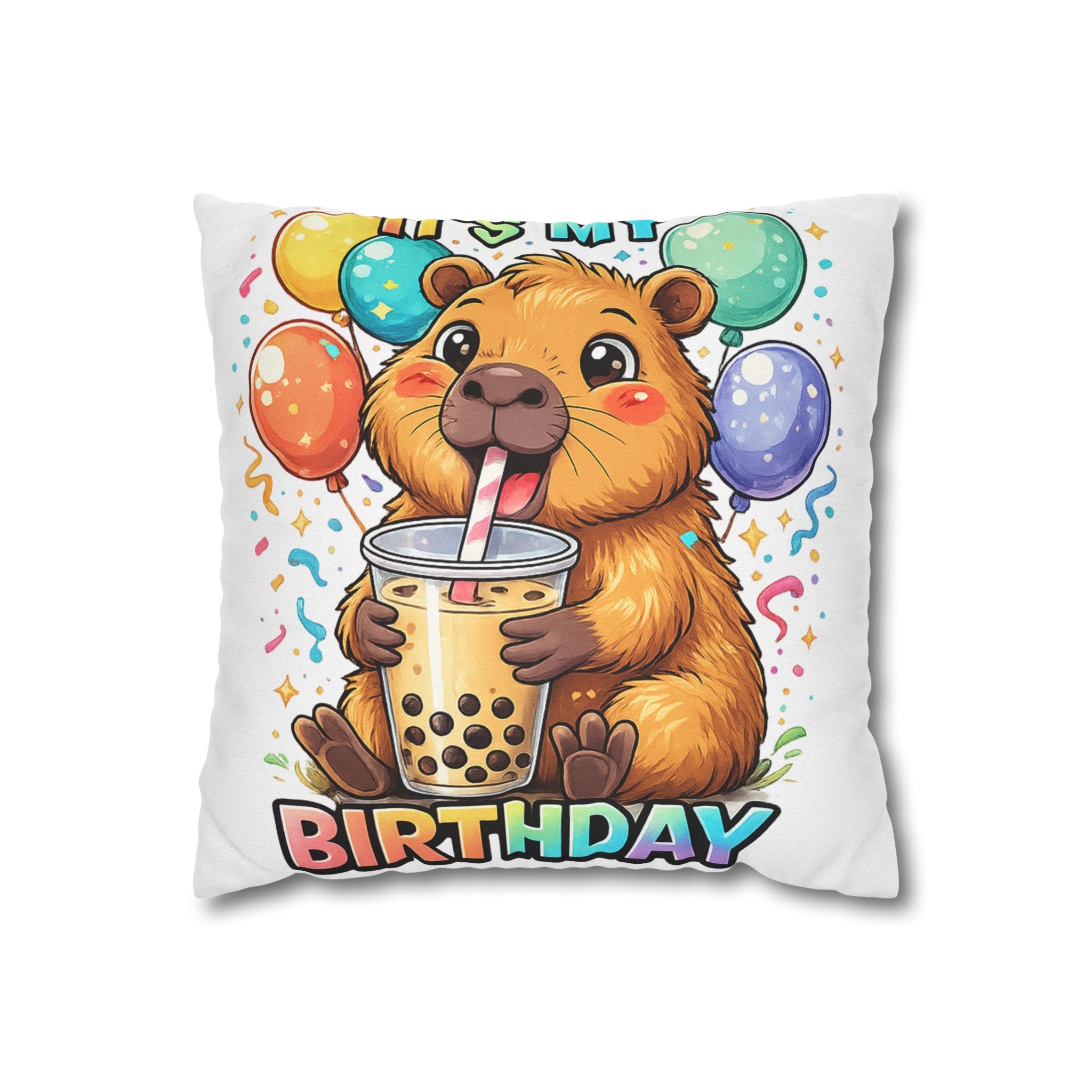 Cute Guinea Pig Drinking Bubble Tea Pillowcase | Birthday Balloon Design
