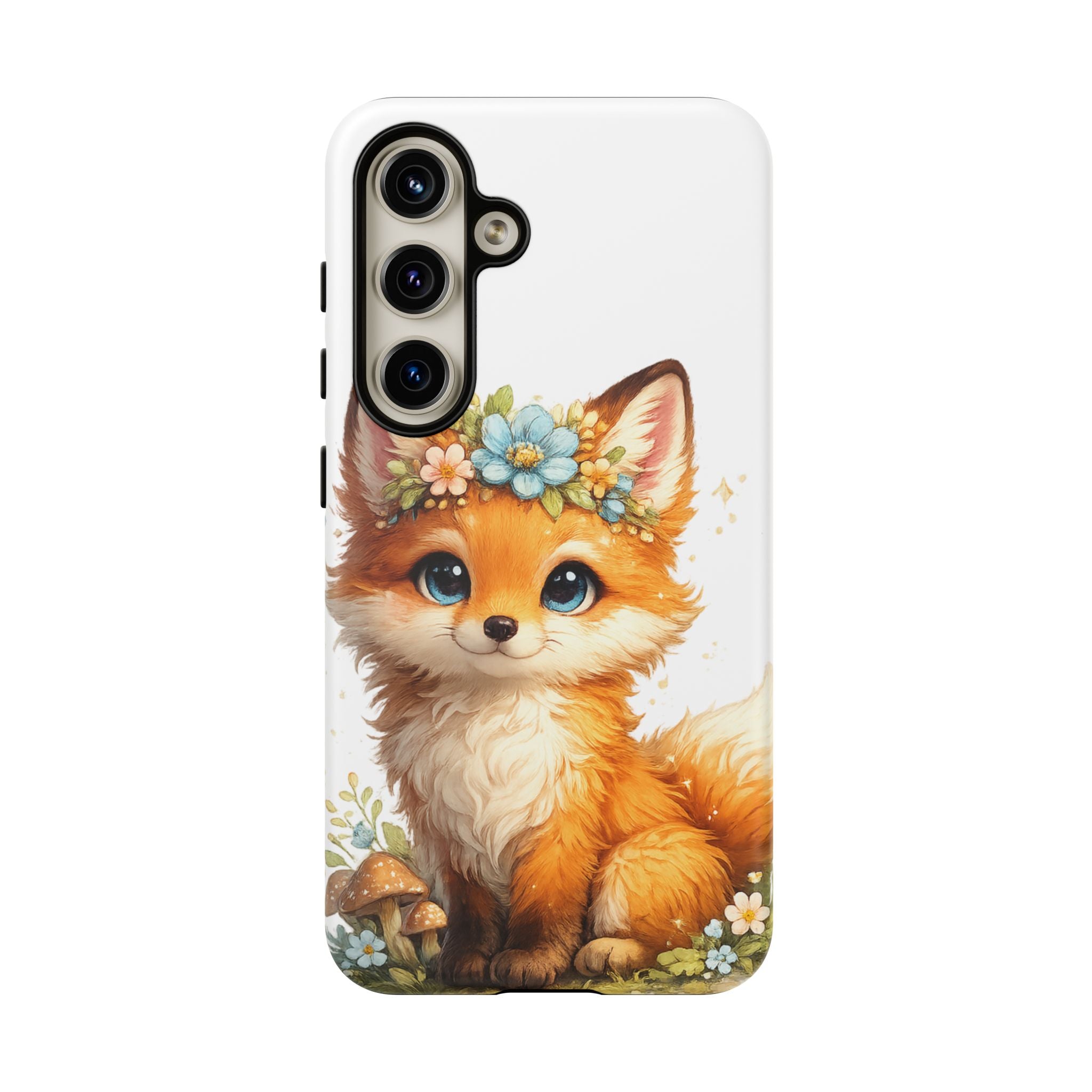 Woodland Fox Cub Phone Case — Protective Tough Case with Floral & Mushroom Art