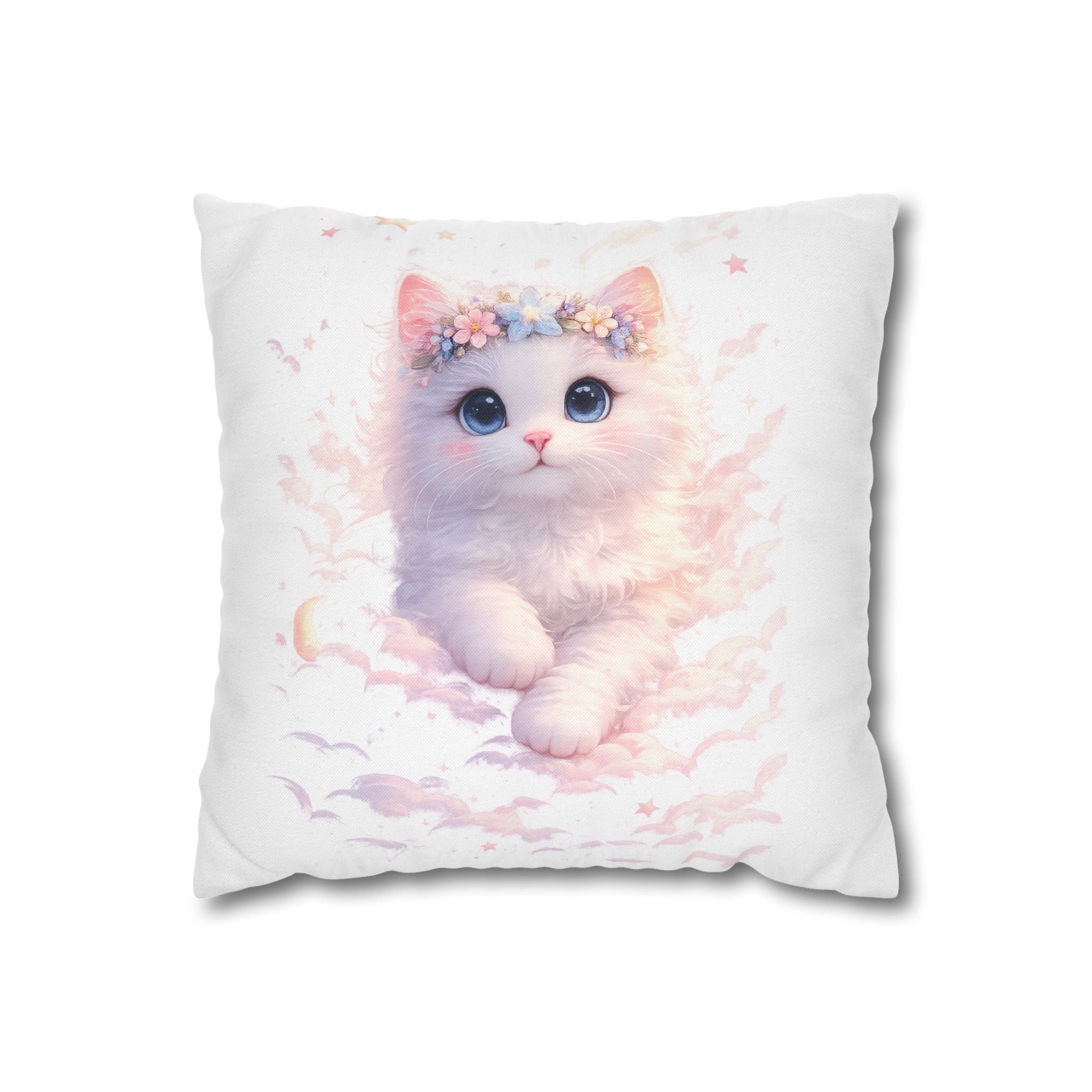 Fluffy Kitten with Flower Crown Square Pillowcase | Pastel Nursery Decor