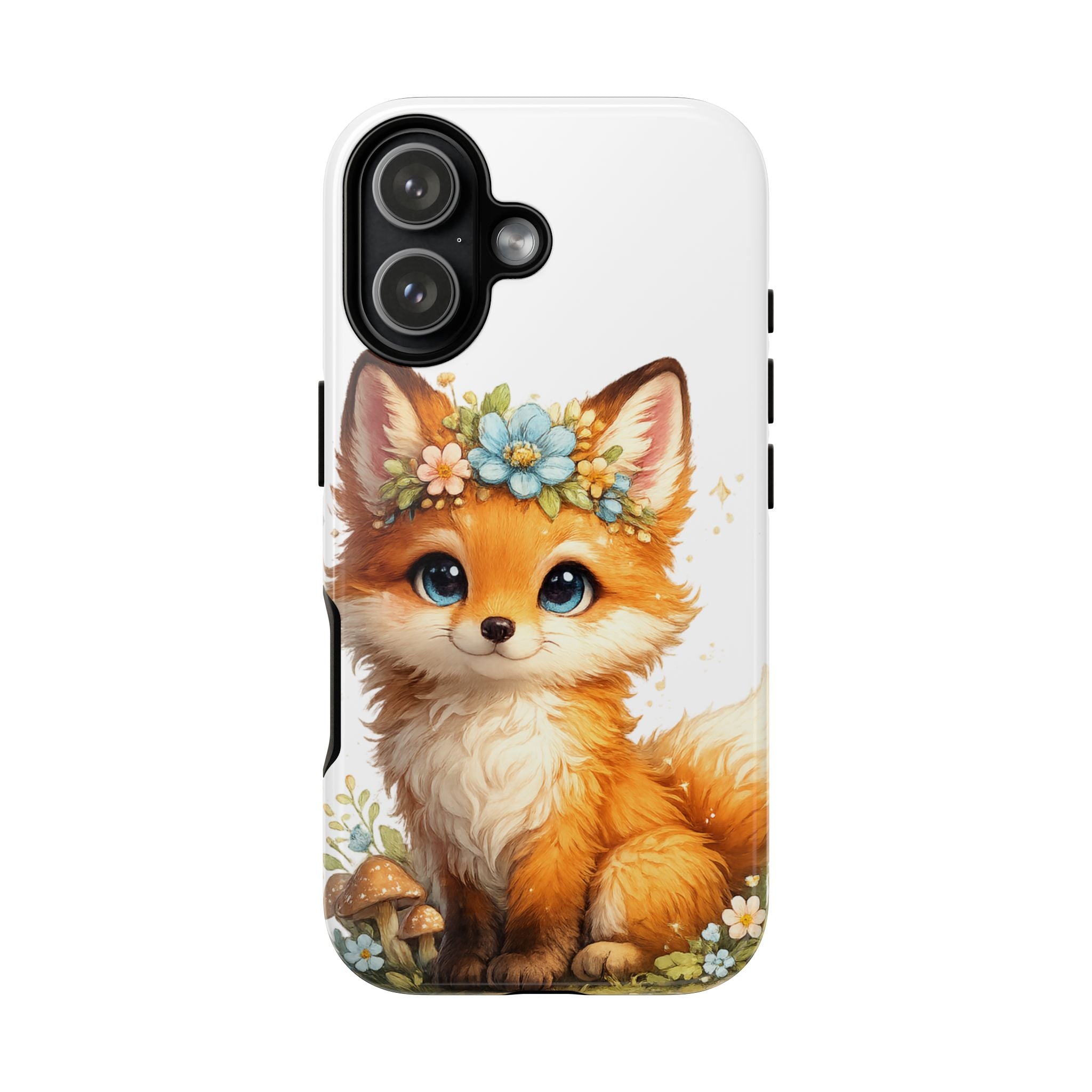 Woodland Fox Cub Phone Case — Protective Tough Case with Floral & Mushroom Art