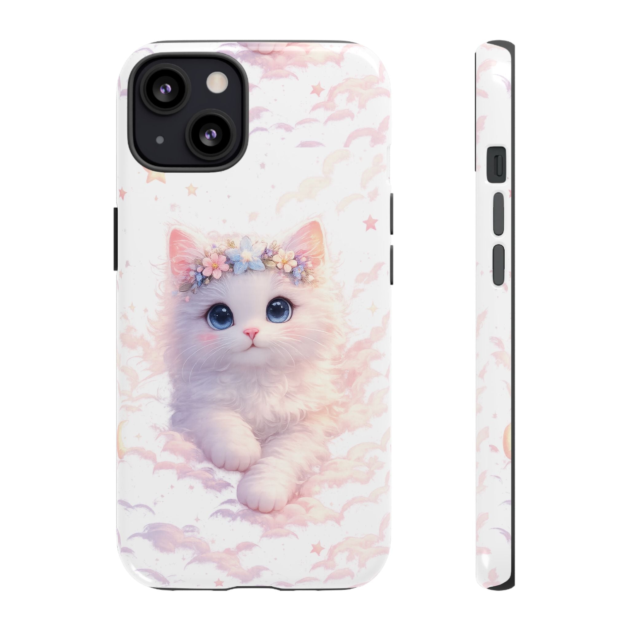 Cute Crowned Kitten Phone Case — Pastel Cloud & Star Protective Case