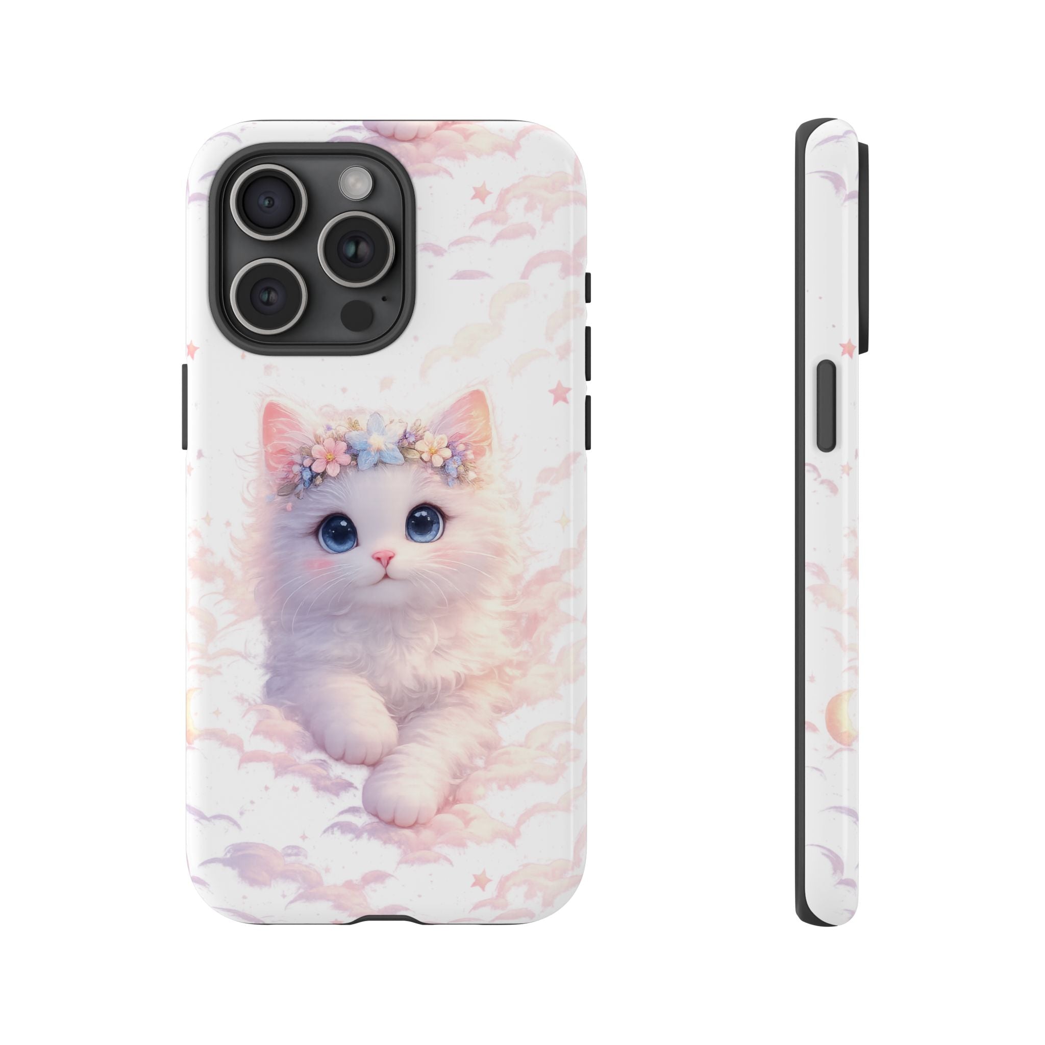 Cute Crowned Kitten Phone Case — Pastel Cloud & Star Protective Case