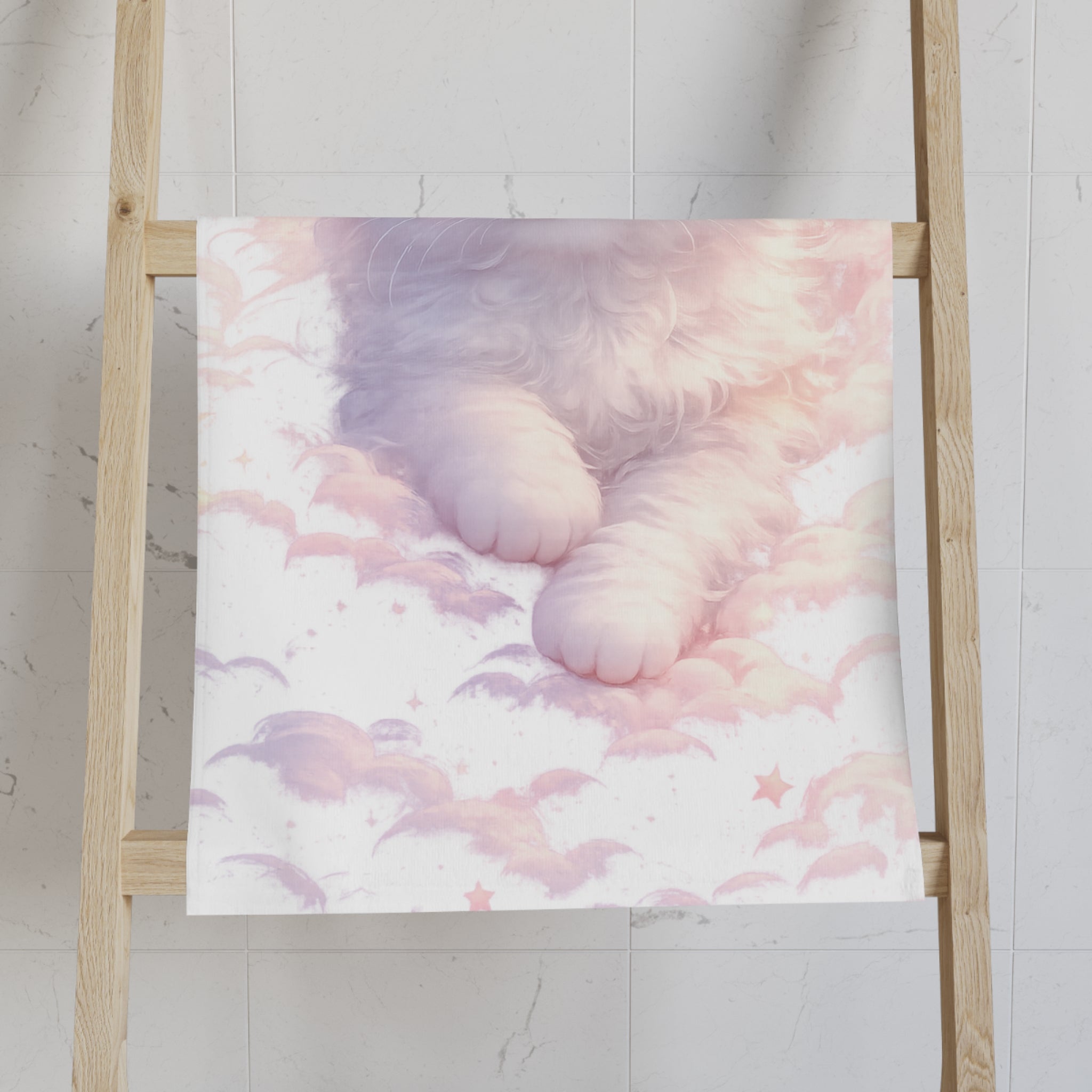 Angelic Kitten in Pastel Clouds Hand Towel | Floral Crown Nursery Towel