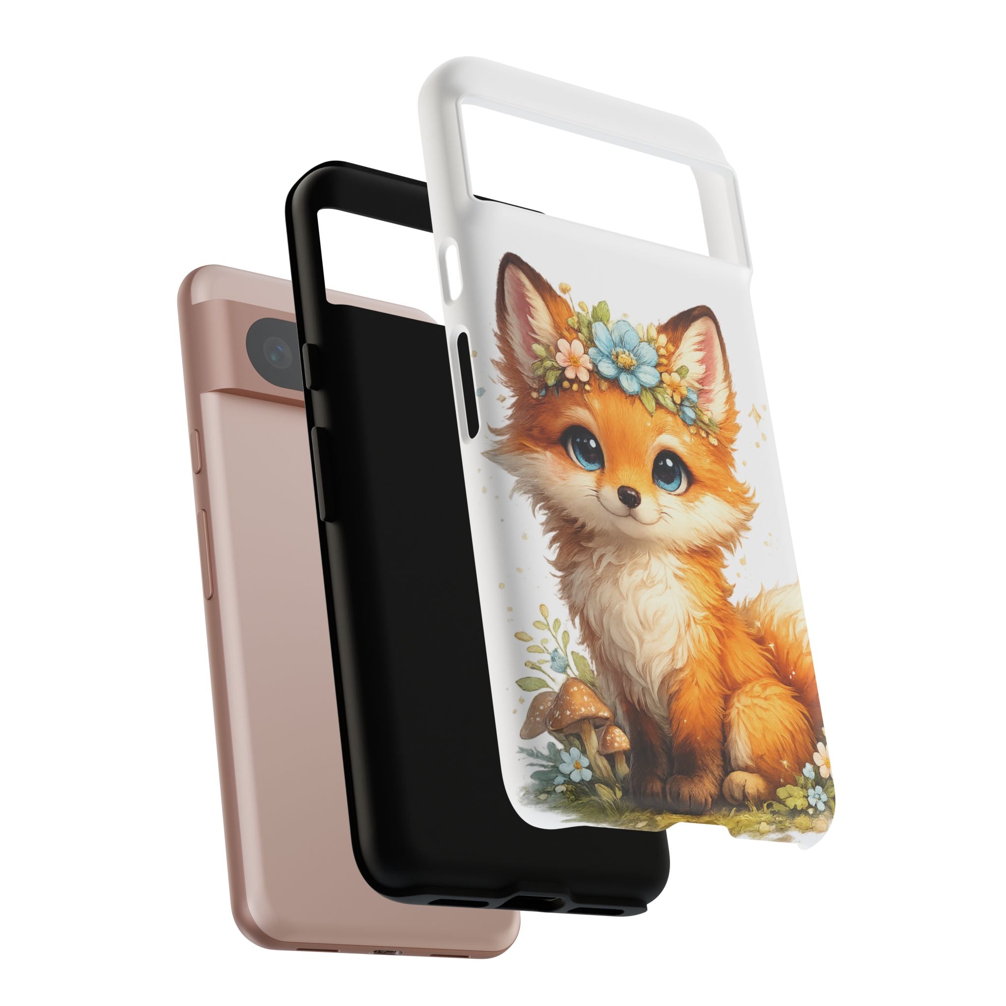 Woodland Fox Cub Phone Case — Protective Tough Case with Floral & Mushroom Art