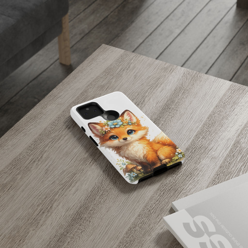Woodland Fox Cub Phone Case — Protective Tough Case with Floral & Mushroom Art