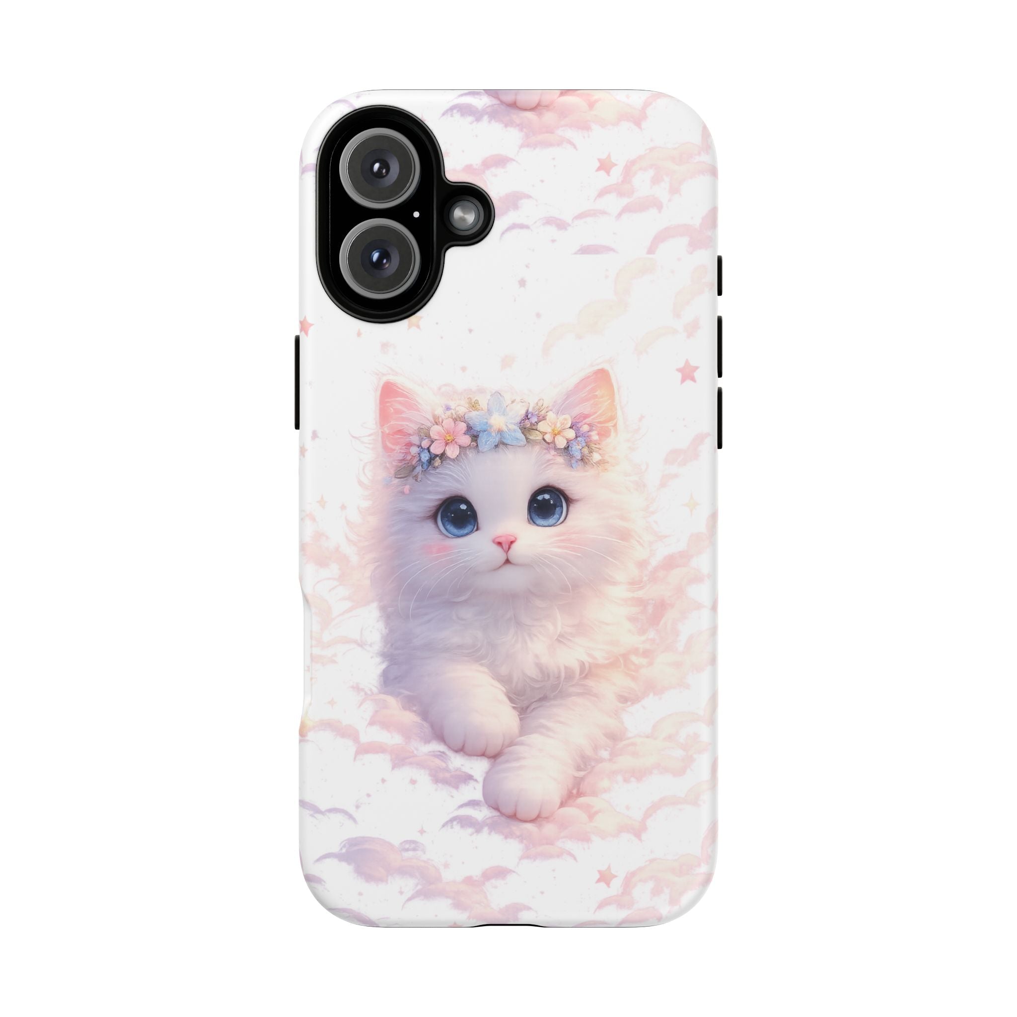 Cute Crowned Kitten Phone Case — Pastel Cloud & Star Protective Case
