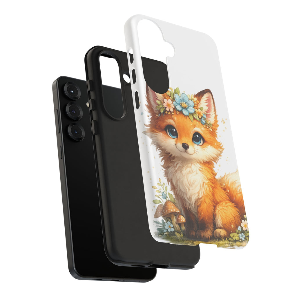 Woodland Fox Cub Phone Case — Protective Tough Case with Floral & Mushroom Art