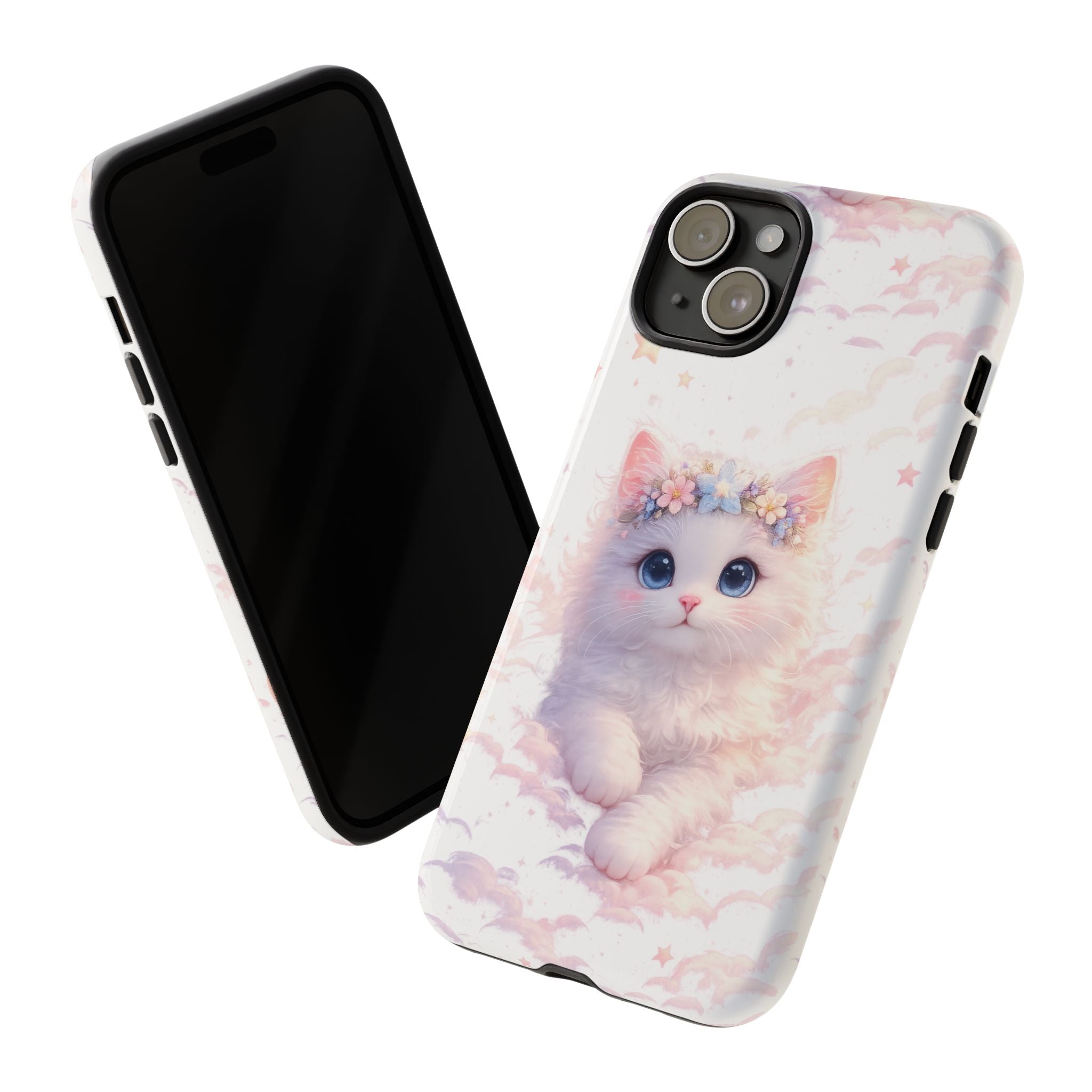 Cute Crowned Kitten Phone Case — Pastel Cloud & Star Protective Case