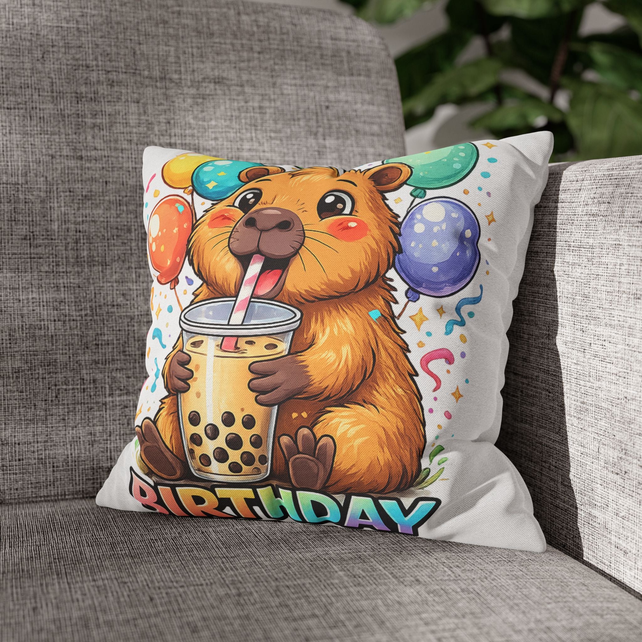 Cute Guinea Pig Drinking Bubble Tea Pillowcase | Birthday Balloon Design