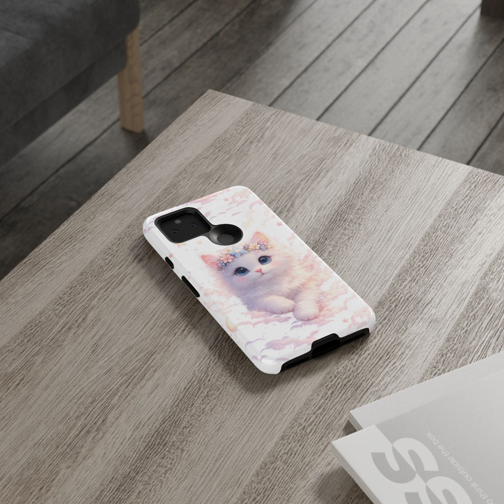Cute Crowned Kitten Phone Case — Pastel Cloud & Star Protective Case