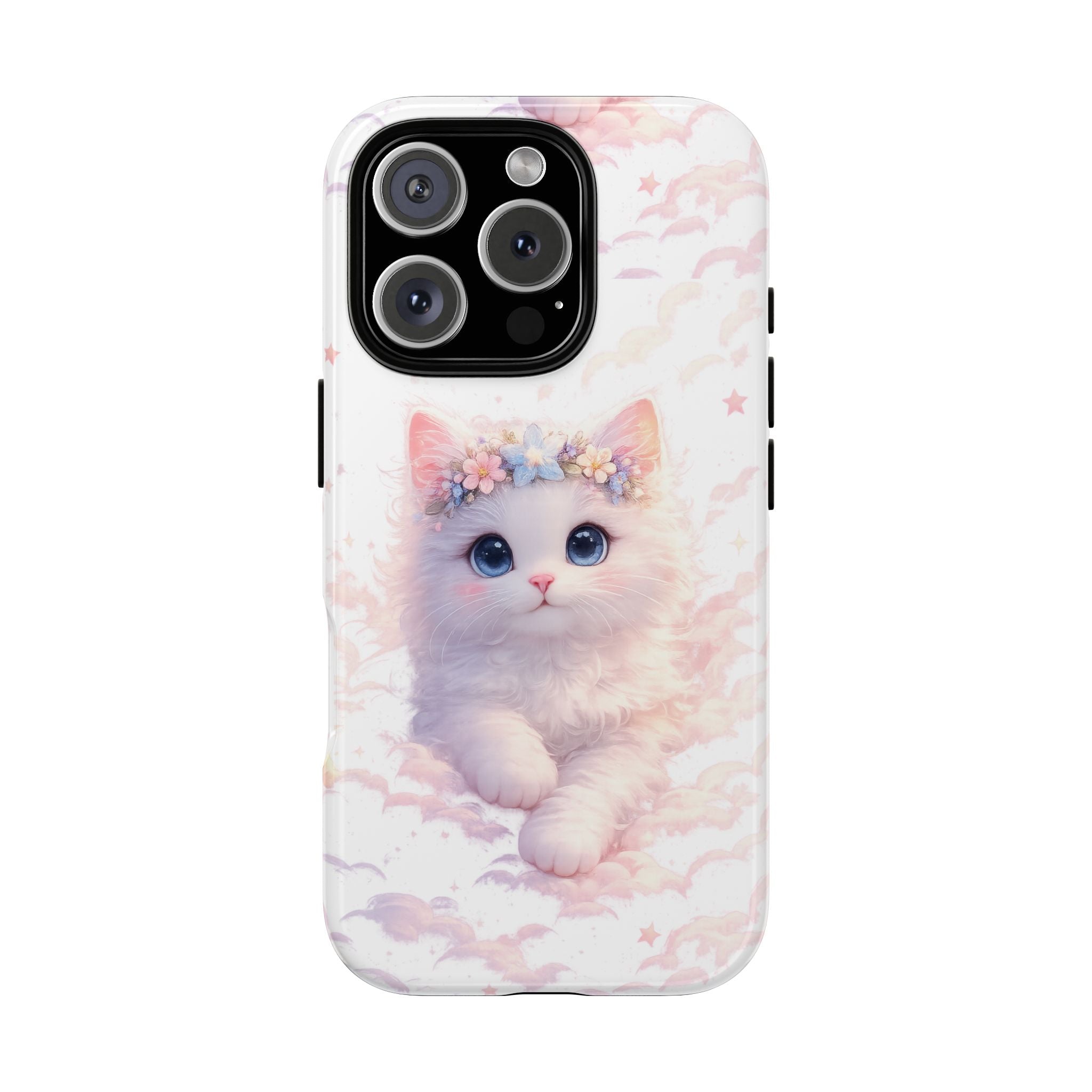 Cute Crowned Kitten Phone Case — Pastel Cloud & Star Protective Case