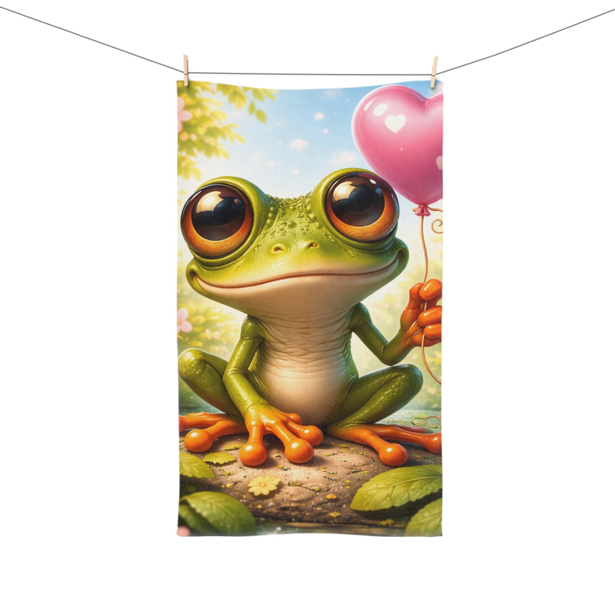 Wide-Eyed Tree Frog Heart Balloon Hand Towel | Spring Valentine Sink Towel