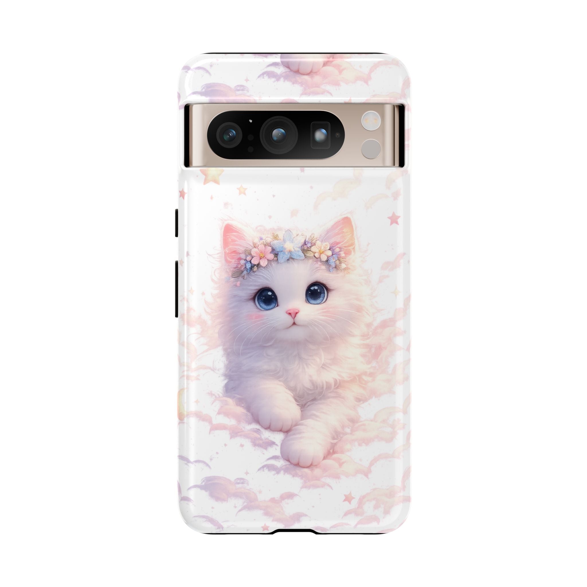 Cute Crowned Kitten Phone Case — Pastel Cloud & Star Protective Case